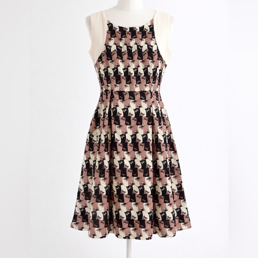SM Wardrobe Cat Print Sleeveless Fit & Flare Dress Whimsical Twee Style Size L